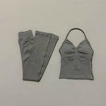 2 Piece Yoga Flares Leggings Set Seamless Women Gym Tank Top and Booty Lift Fitness Flared Pants Open Back Workout Sports Suit