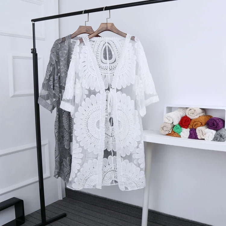 DEKA New Beach Cover-up Swimsuit Lace Hollow Crochet Beach Bikini Cover Up 3/4 Sleeve Women Top Swimwear Beach Dress Tunic Shirt
