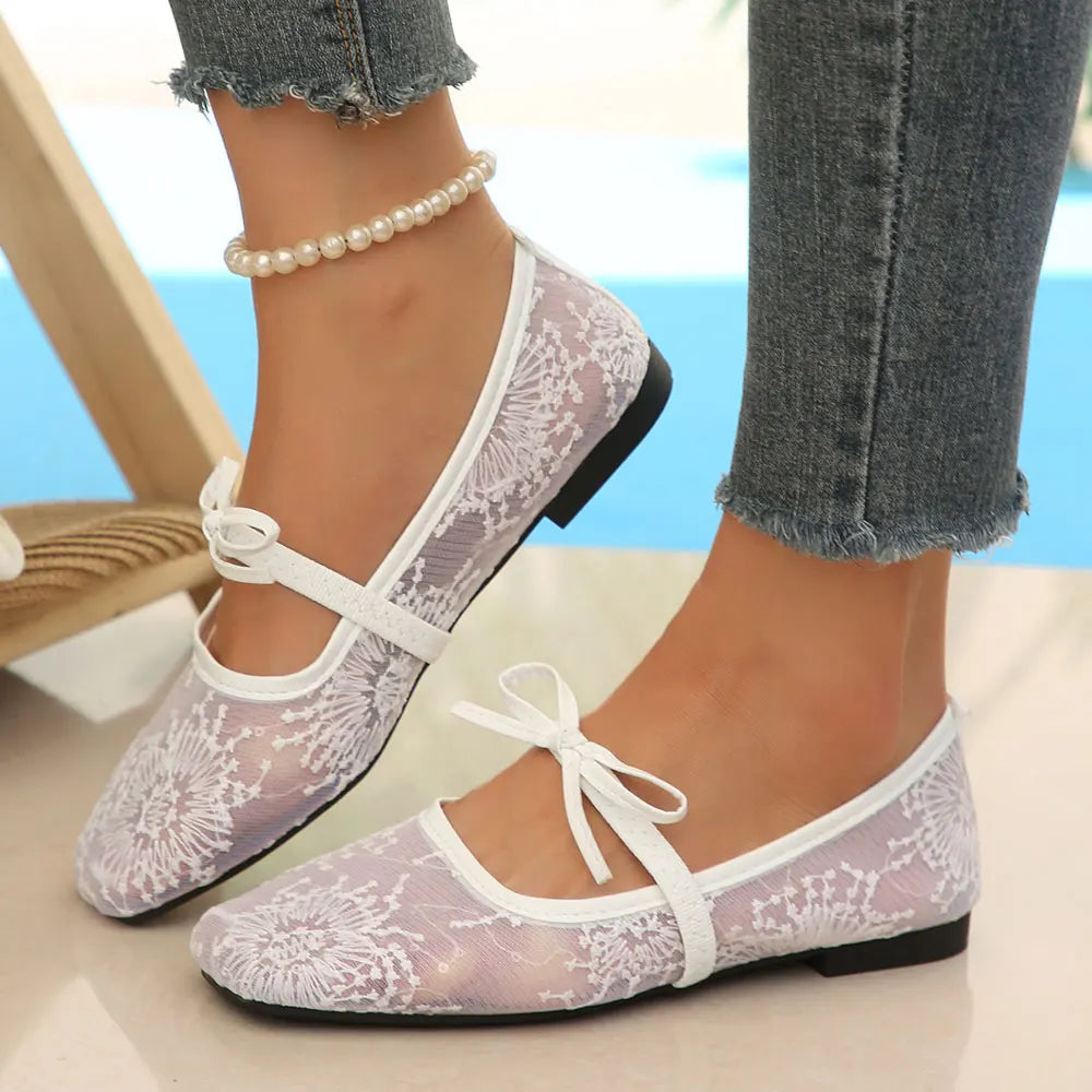 BigSize 43 Breathable White Lace Mary Jane Flats Women Comfy Walk Square Toe Casual Office Lady Ballet Flats Shoes Daily Wear