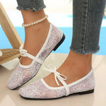 BigSize 43 Breathable White Lace Mary Jane Flats Women Comfy Walk Square Toe Casual Office Lady Ballet Flats Shoes Daily Wear