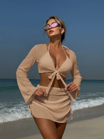 Summer 4 Piece Bikini Set 2025 Women Sexy Black Long Sleeve Cover Up and Skirt Swimsuit Beach Bathing Suit Holiday Swimwear