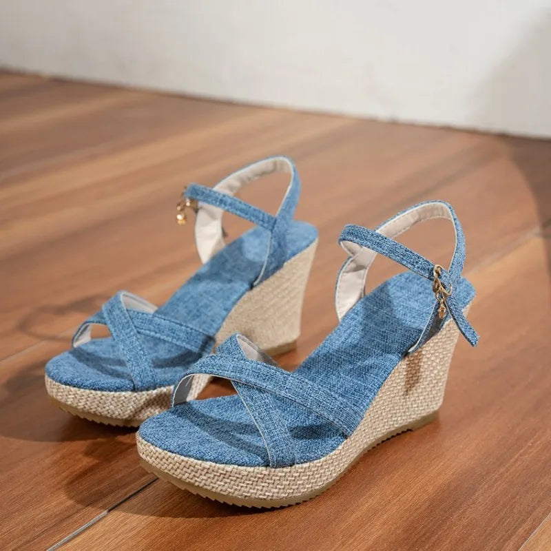 Summer Slope Heel Buckle Open Toe Wedge Ultra High Heel Women's Sandals 2026Fashion One Line Buckle Sandals Women ShoesHeels