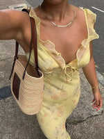 Sexy Elegant Flower Print Slim Long Dresses Women V-neck Low Cut Leace-up Backless Package Hip Bodycon Sleeveless Dress Female