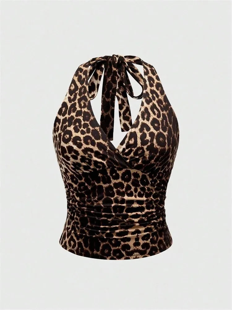 Leopard Printed V-neck Backless Halter Crop Top for Women Summer Sexy Y2K Sleeveless Ruched Top Streetwear