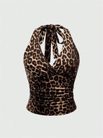 Leopard Printed V-neck Backless Halter Crop Top for Women Summer Sexy Y2K Sleeveless Ruched Top Streetwear