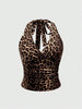 Leopard Printed V-neck Backless Halter Crop Top for Women Summer Sexy Y2K Sleeveless Ruched Top Streetwear
