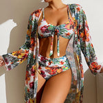 Sexy High Waisted Bikini 3 Pieces Floral Printed Swimsuit Size 3XL-S Women Bikini Set With Mesh Long-Sleeved Blouse Super Sales