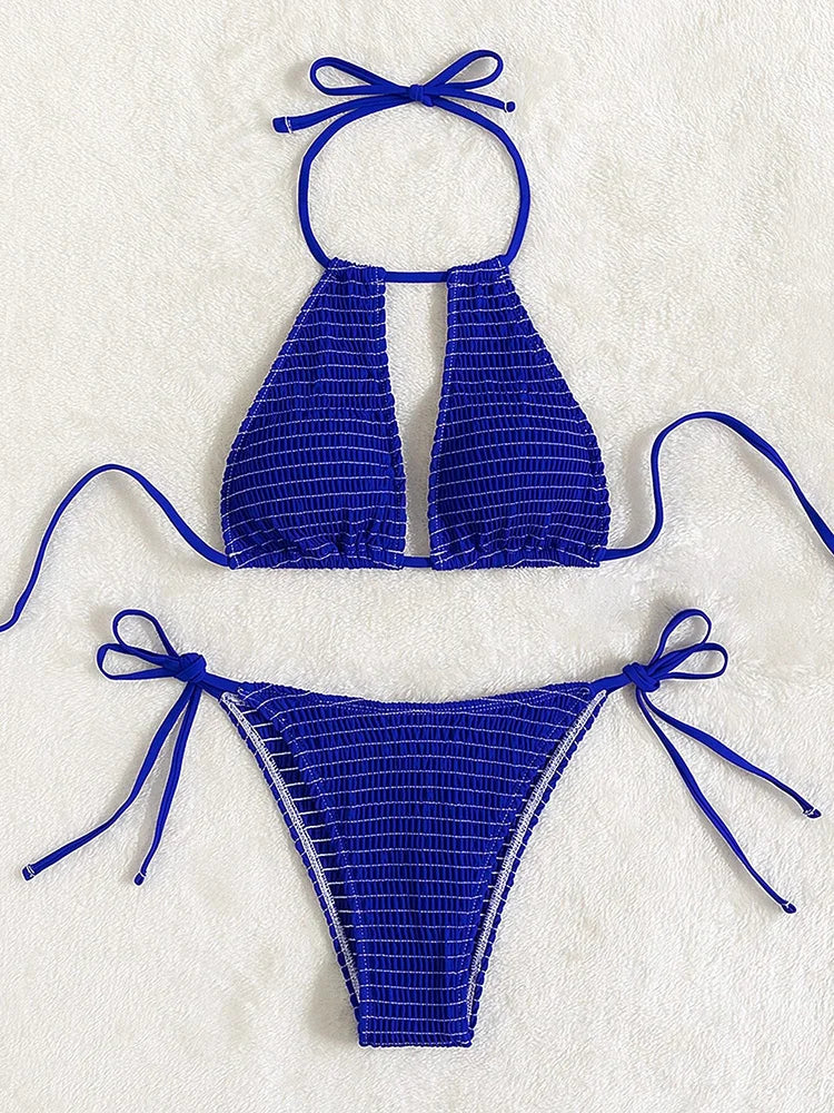 2025 Halter Tie Side Hollow Out Smocked Bikini Women Swimsuit Female Swimwear Two Pieces Bikini Set Swim Bathing Suit Beach Wear
