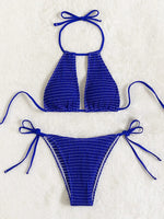 2025 Halter Tie Side Hollow Out Smocked Bikini Women Swimsuit Female Swimwear Two Pieces Bikini Set Swim Bathing Suit Beach Wear