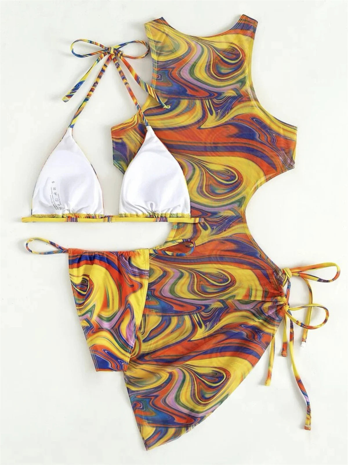 Dress Bikini 2025 Women Sexy High Neck Cut Out Mesh Cover Up Pleate Swimsuit Orange Gradient Bathing Suit Beach 3 Piece Swimwear
