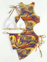 Dress Bikini 2025 Women Sexy High Neck Cut Out Mesh Cover Up Pleate Swimsuit Orange Gradient Bathing Suit Beach 3 Piece Swimwear