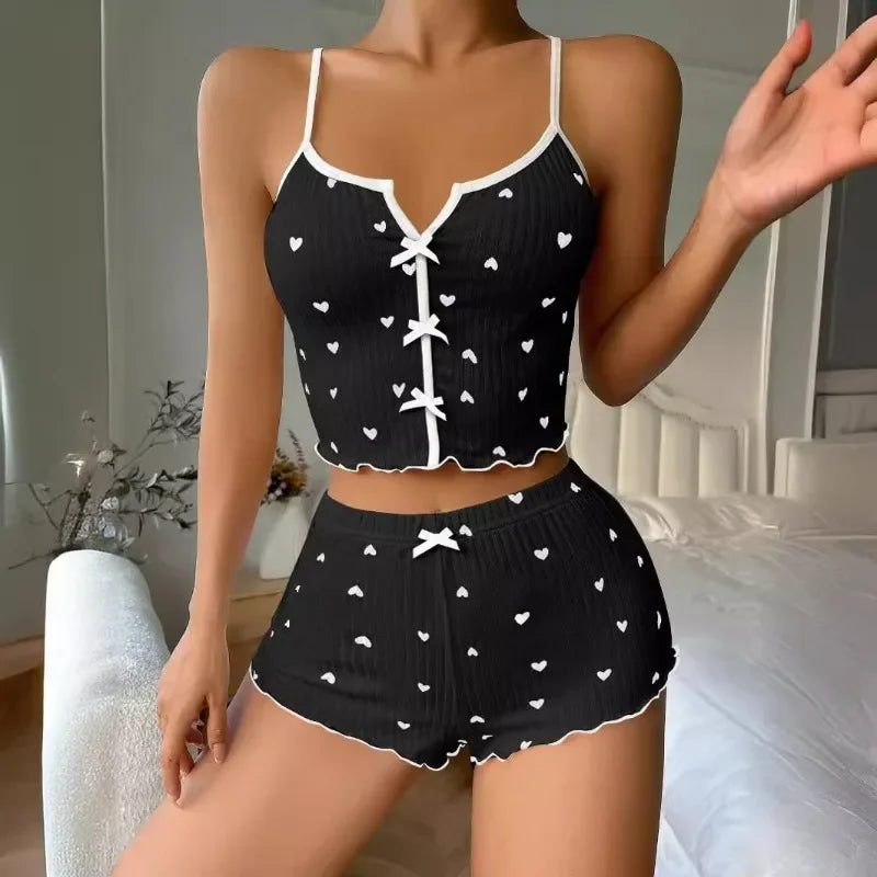 Women Pajama Set Heart Print Sleepwear Soft Ribbed Fabric Sexy Cami Top and Shorts Loungewear Casual Home Nightwear