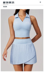 Women's Tracksuit Yoga Set 2 Pieces High Waist Pleate Pocket Skort Fitness Suit Turn Down Collar V Neck Slim Tank Top Sporstwear