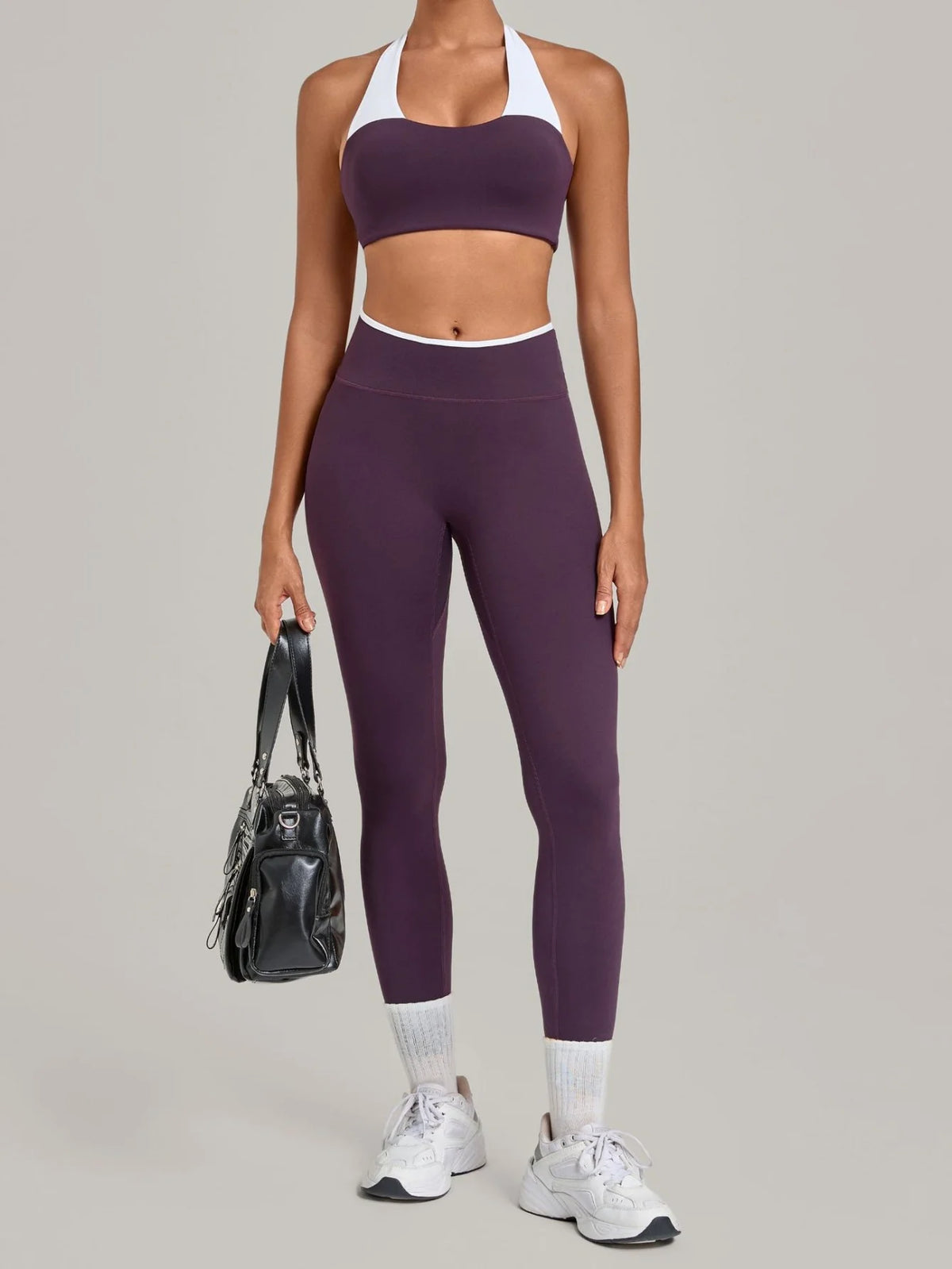 2 Pieces Color-block Yoga Sets WomenHanging Neck Sports Bra High Waist Pants Built-in Pockets Outdoor Fitness Workout Suit