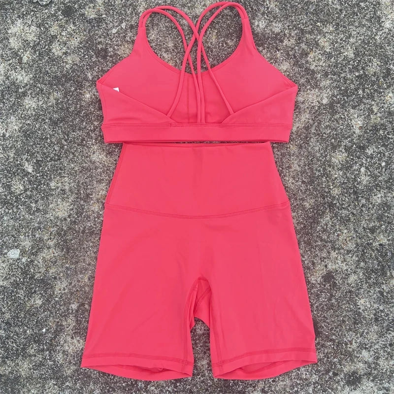 Solid Color Soft Women Gym Yoga Short Cycling Set Cross Back GymBra+High Waist Short Leggings High impact shockproof Sportwear