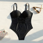 Solid Color Black One Piece Swimsuit for Women Sexy High Waist Bandage Hollow Out Monokini Bikini Underwire Push Up Swimwear