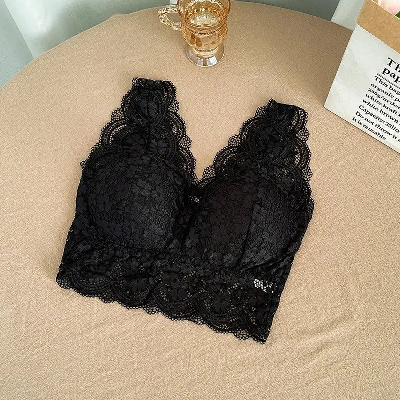 Lace Bras Top Women Sexy Deep V Neck Lingerie Wire Free Tank Tops Female Underwear V Back Bralette Tops Padded Camisole