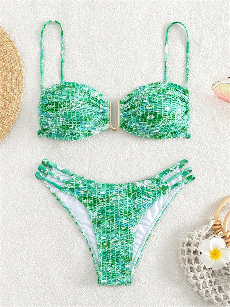 Sexy Pleate Micro Bikini Women U Neck Push Up Orange Floral Print Micro Swimsuit 2025 Summer Bathing Suit Lace Up Thong Swimwear