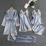 2025 Luxury Satin Pajama Set 5 Pcs Women's Silky Sleepwear Lace Trim Robe Nightgown Cami Shorts Pants Elegant Loungewear New Hot