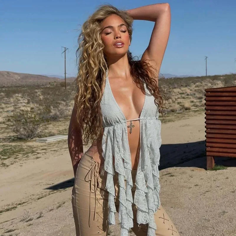 FDYOUI Fashion Sexy Off Shoulder Backless Blue Corset Holiday Beach Tops Women's Summer Halter Hollow Out Camisoles Streetwear