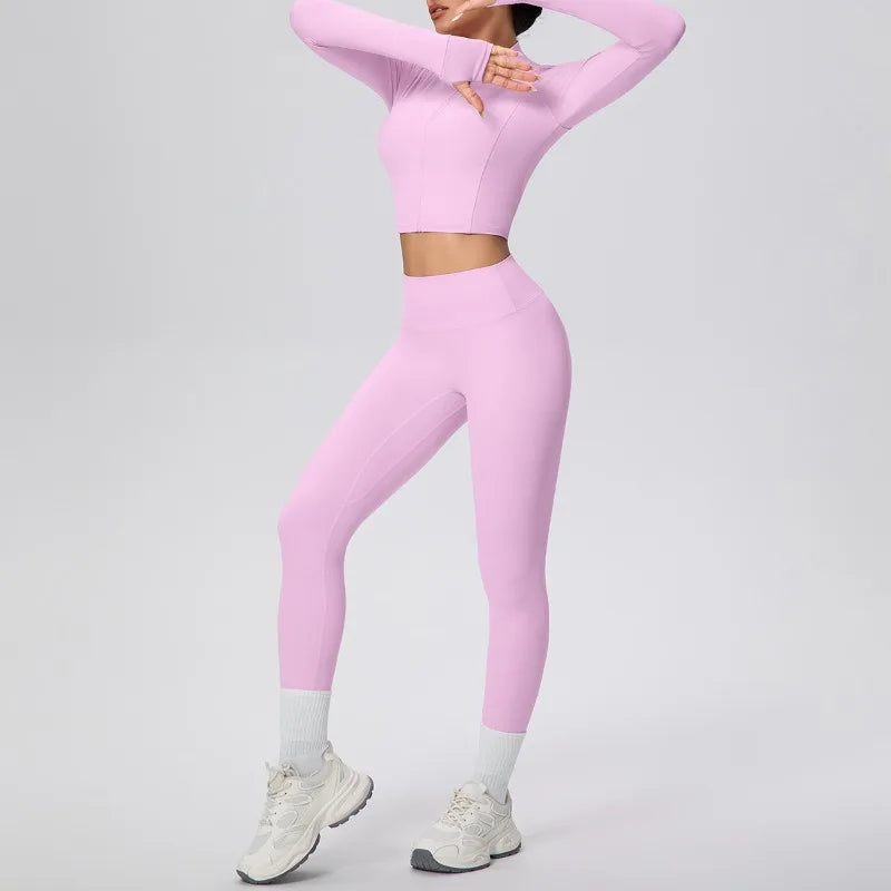 New Women Yoga Set Solid Color Double-Sided Brushed Bare Feel Short Long-Sleeve Jacket Tight Pants Running Fitness 2-Piece Set