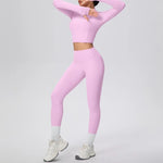 New Women Yoga Set Solid Color Double-Sided Brushed Bare Feel Short Long-Sleeve Jacket Tight Pants Running Fitness 2-Piece Set