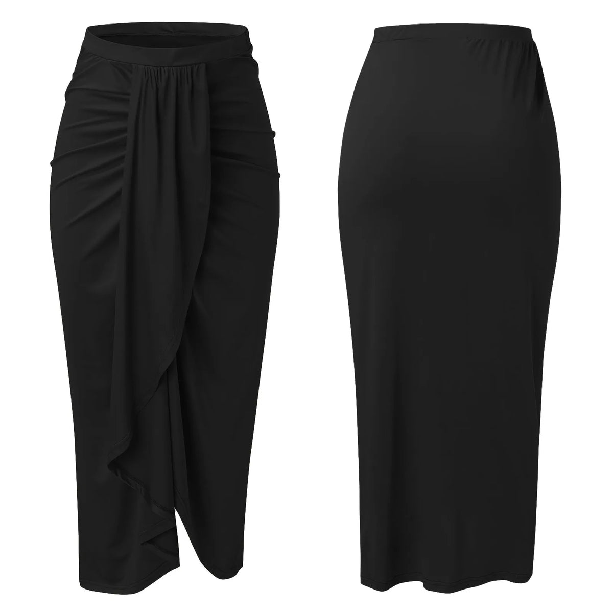 Women's High Waisted Ruched Maxi Skirt Pleated Solid Asymmetrical Split Hem Long Skirt Casual Draped Wrap Bodycon Summer Skirts