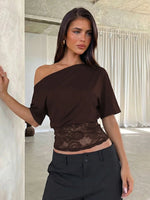 FDYOUI Sexy Chic Diagonal Collar Lace Patchwork T-shirts 2026 Women Short Sleeve Irregular Cropped T Shirt Lady Tunics Tops Tees