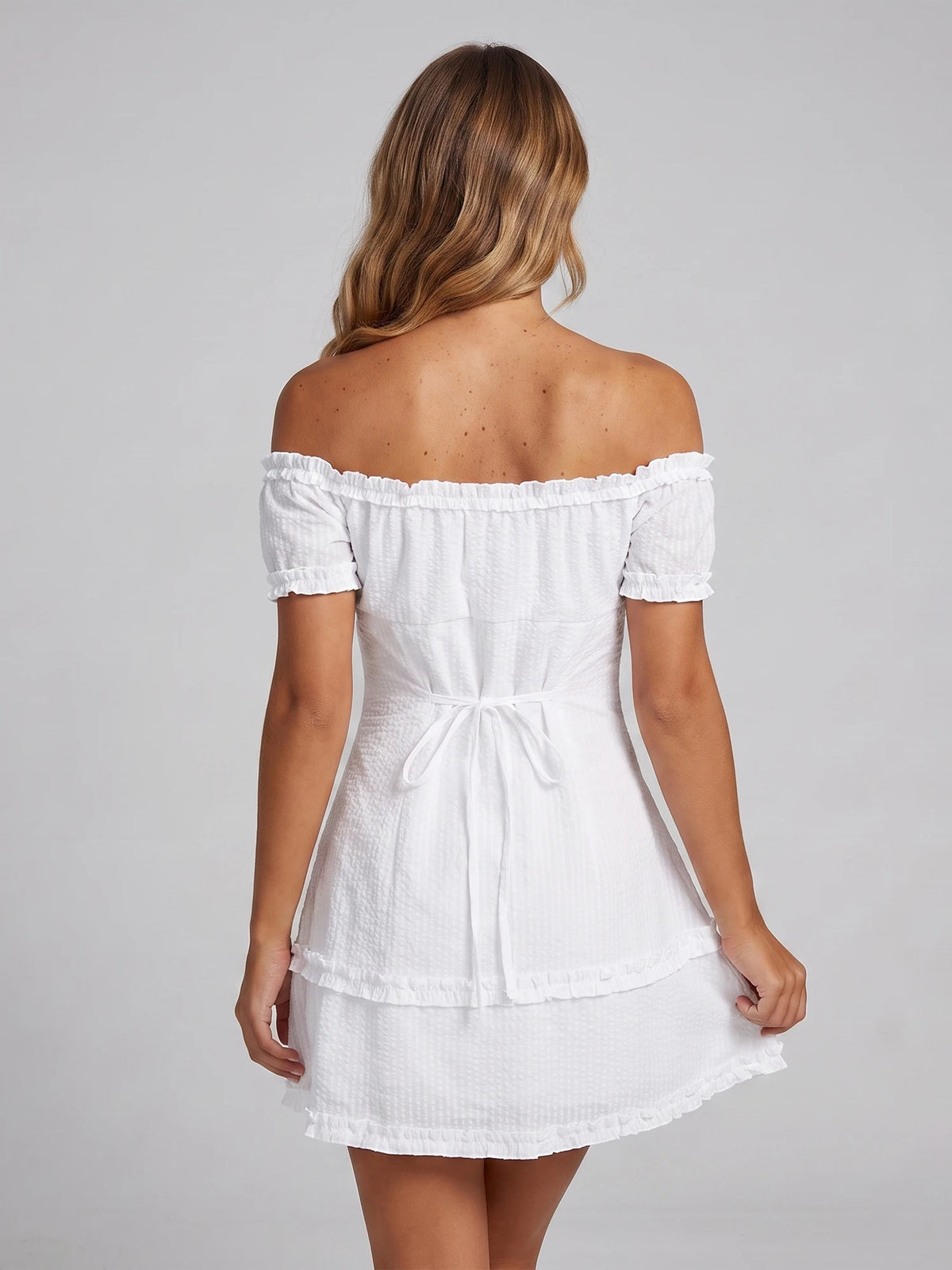 Women Summer White Dress Trim Off Shoulder Short Sleeve Button-up A-line Mini Dresses for Daily Office Party