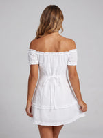 Women Summer White Dress Trim Off Shoulder Short Sleeve Button-up A-line Mini Dresses for Daily Office Party