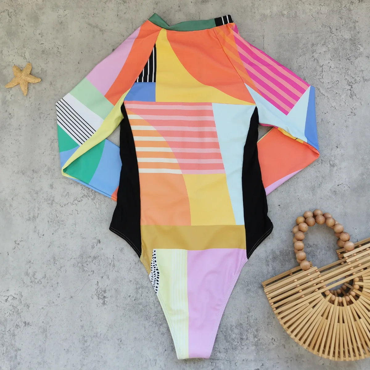 2026 Patchwork One Piece Swimsuit Long Sleeve Swimwear Women Bathing Suit Retro Sport Swimsuit One Piece Surfing Swim Wear