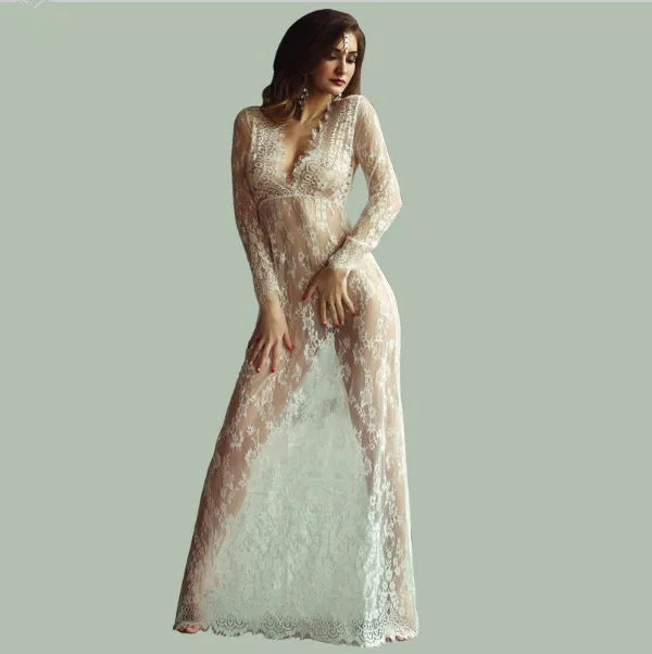 Sexy See Through Lace Long Dresses For Women Deep V-neck Solid Color Maxi Dress Fashion Streetwear Party Night Club Vestidos New