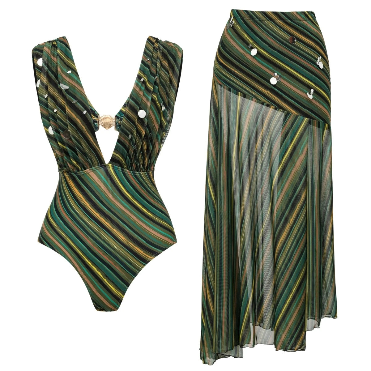 Women Swimwear 2PC Cover-up Swimsuit Ruffle Dongbei Printed Deep V One-piece Monokini Kimono Bikini Suit Summer Beachwear