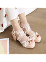 9cm Cross Strap Women High Heels Mary Jane Shoes Party Wedding Pearls White Lace Ruffles Bow Princess Lolita Pumps Sandals 33-46
