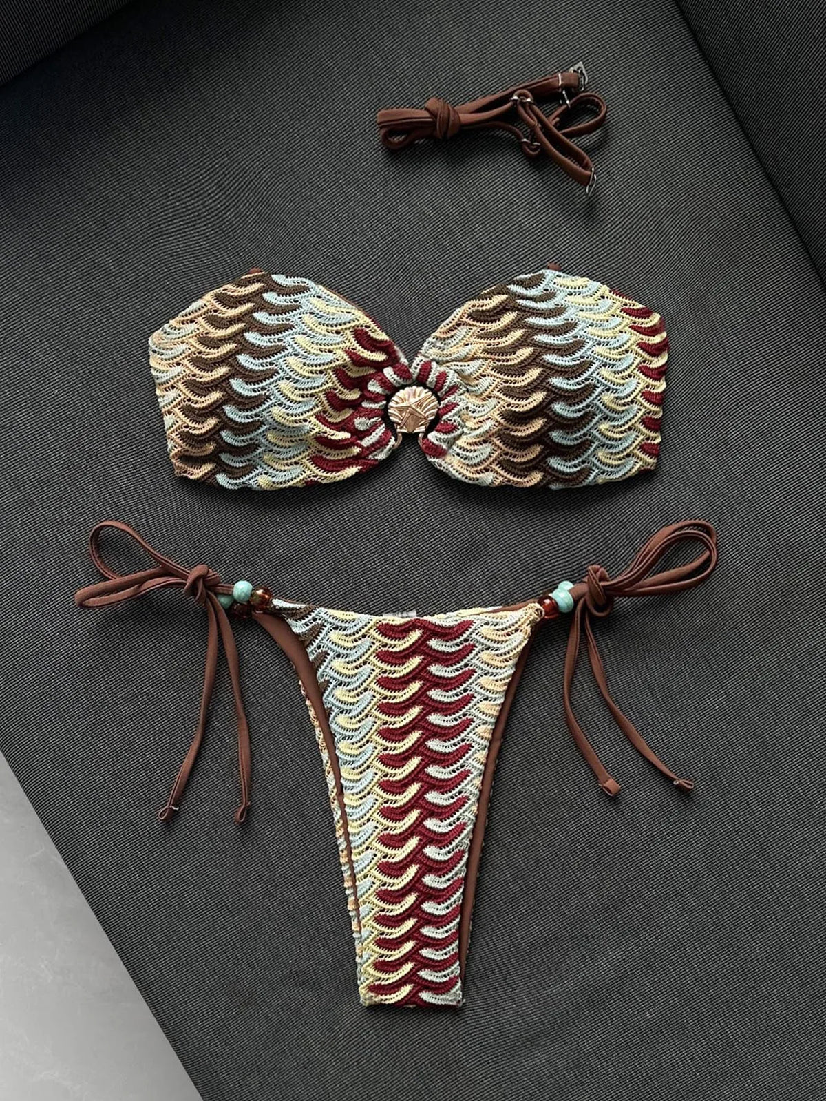 Sexy Coffee Striped Micro Bikini 2026 Women Bandeau Metal Shell Push Up Bra Bandage Thong Swimwear Beach Bathing Suit Swimsuit