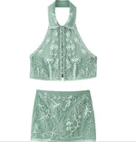 Women's Fashionable Lapel Embroidered Backless Shorts Set J25E