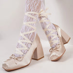 Big Size 43 Sweet Purple Mary Janes Pumps Ribbon Tied Satin 9cm Block High Heels Ballet Shoes Women White Party Wedding Shoes