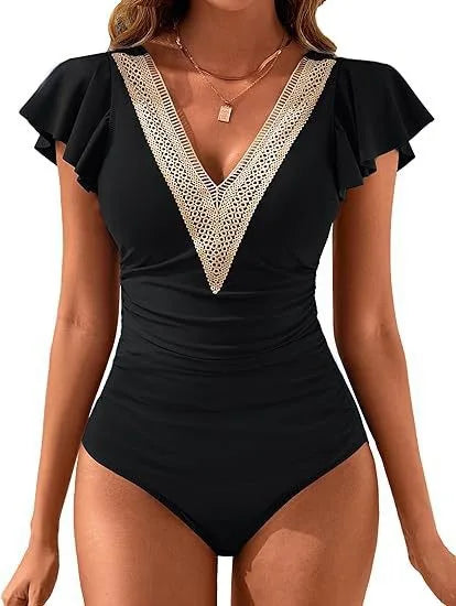 2024 Sexy Women's Lace Plunge One Piece Swimsuit Ruffle Swimwear Women Bathing Swimming Suit Female Beachwear Outdoor Bodysuit