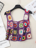 Summer Women Flower Crochet Vest Sleeveless Cover-ups Hollow Out Knit Crop Tops Bohemian Casual Daily Beach Tank Tops