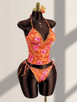 DEKA Women Strapped Print Swimwears Lace-up Bikini Set Halter V Neck Front Tie Cami Top Swim Lady Bathing Suit