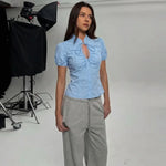 FDYOUI Fashion Stand Collar Lace-up Hollow Out T-shirts Women Chic Short Sleeve Single Breasted Crop Top Folds Solid Tee Shirt