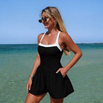 Vintage Black Patchwork Skirt One Piece Swimsuit 2026 Women Back Bandage Cross Pocket Swimwear Beach Bathing Suit Slim Monokini