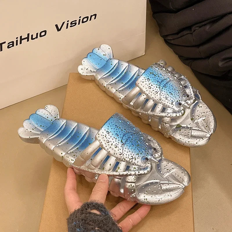 2025 New Metal Color Funny Lobster Slippers For Women Men Summer Shoes Anti-slip Cute Cartoon Couples Indoor Beach Slides