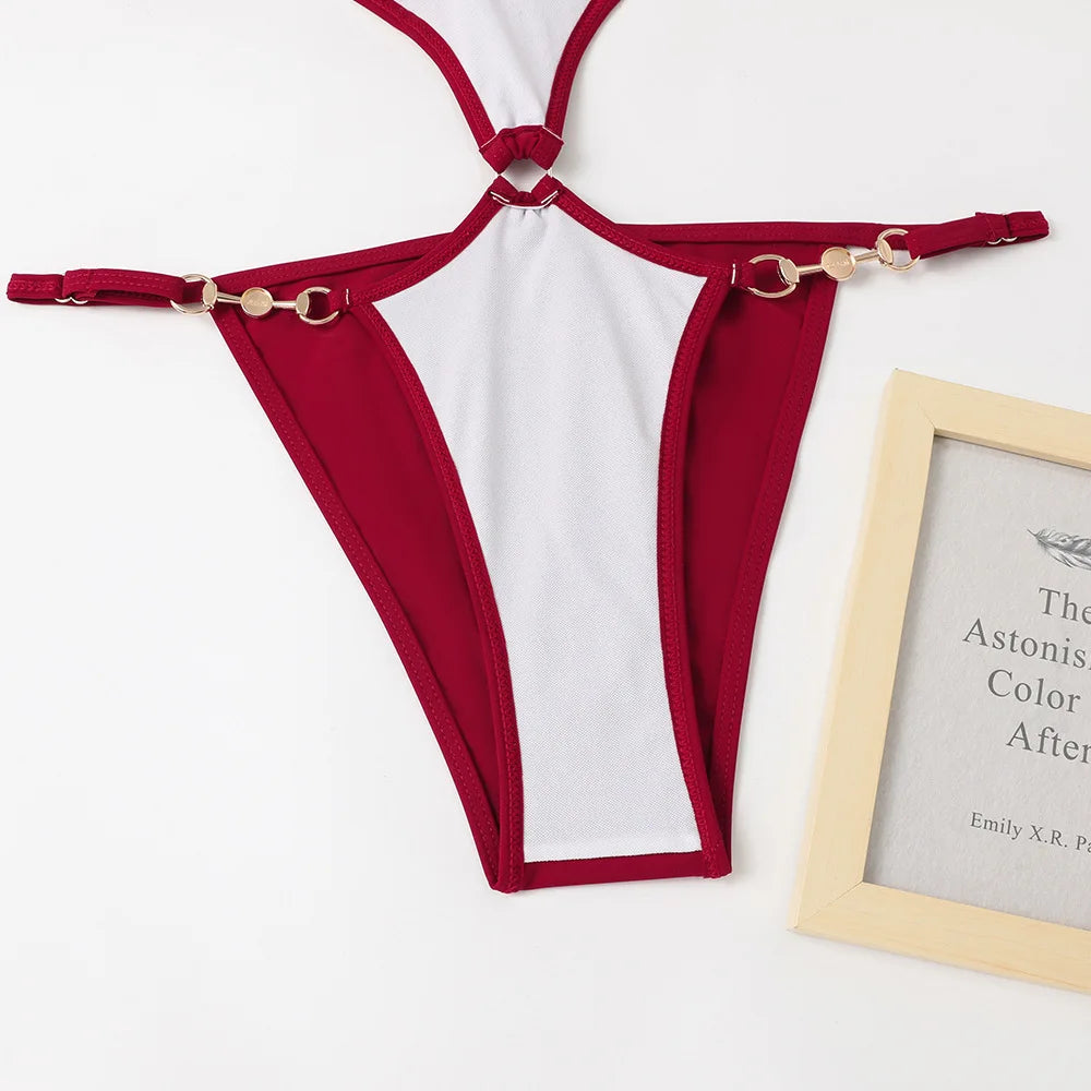 Solid Color One Piece Swimsuit Women 2026 Sexy Hollow Out Pearl Chain Bikini Halter Backless Thong Swimwear Beach Bathing Suit