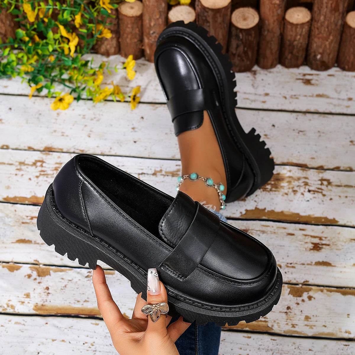 Women Penny Platform Loafer Shoes Slip On Chunky Lug Sole Round Toe Vintage Preppy Office Casual Dress Shoes