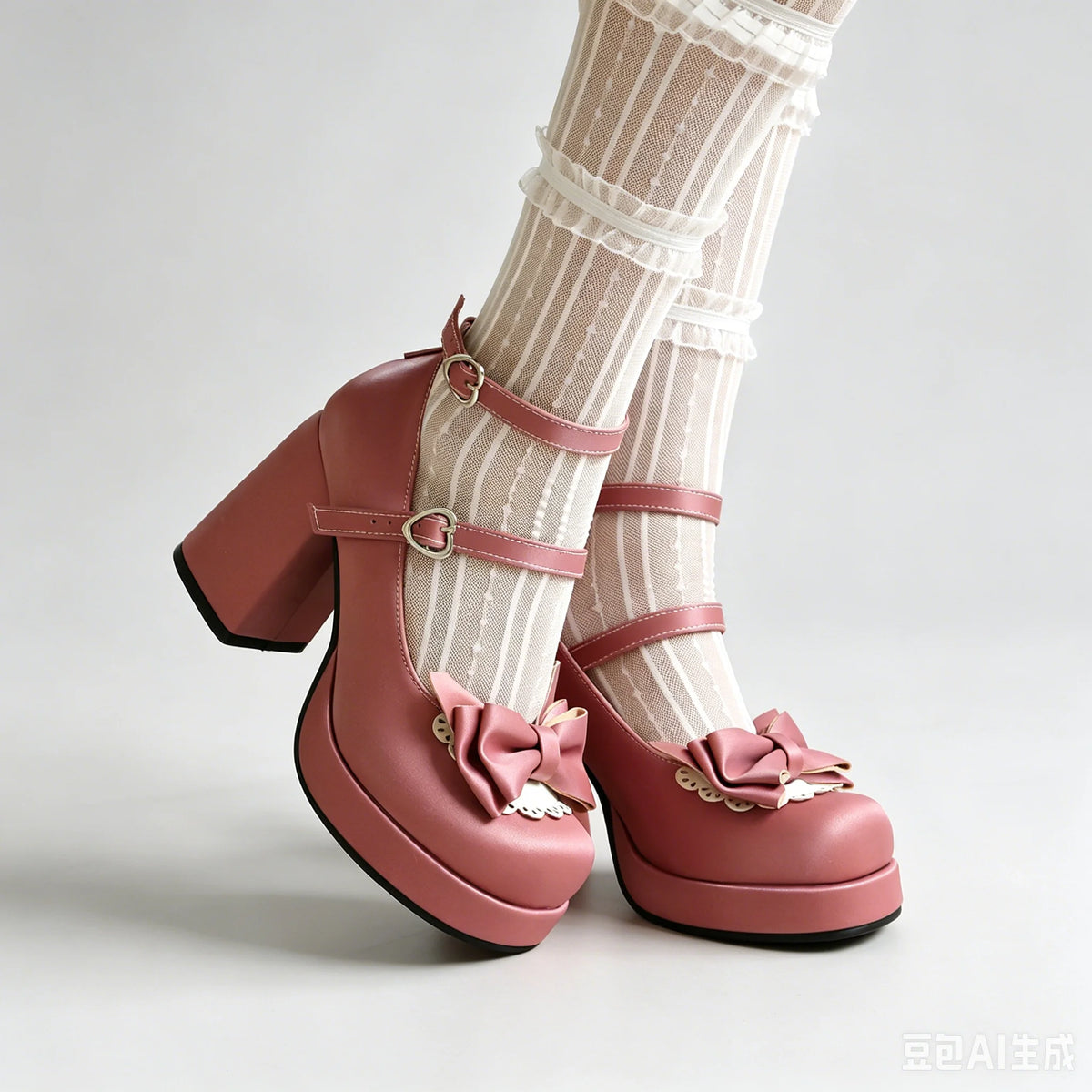 Plus Size 48 Women's Sweet Lolita Mary Jane Heels Pumps Heart Buckle Cross Ankle Strap Bow Platform 5.5cm Block Heel Goth Shoes