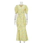 FDYOUI 2026 Summer V-neck Short Sleeve Floral Print Yellow Party Dress Women Single Breasted Lace-up Slim Long Vacation Dresses