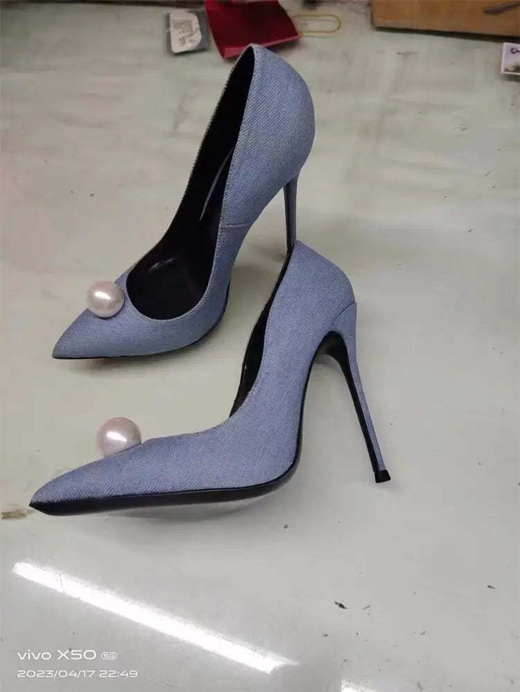 Women Denim Stiletto High Heels Pointed Toe Pearl Decor Pumps Elegant Ladies Slip On Dress Party Wedding Heeled Shoes