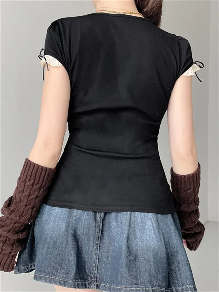 Women Summer T-shirt Lace Patchwork Square neck Short Sleeve Tee Tops Casual Retro Kawaii Y2K Aesthetic Shirts