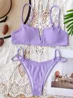 Sexy Bikini Women Small V-neck Pit Striped Double Straps Light Purple Swimwear Swimsuit Bikinis Set Bathing Suit Female Biquinis